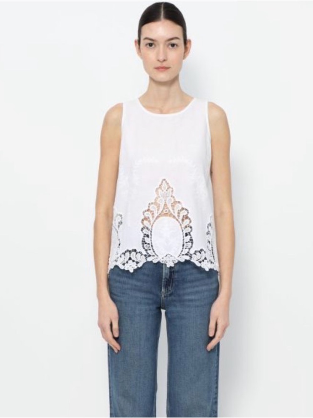 Cynthia Rowley White Sleeveless Crochet-Hem Tank